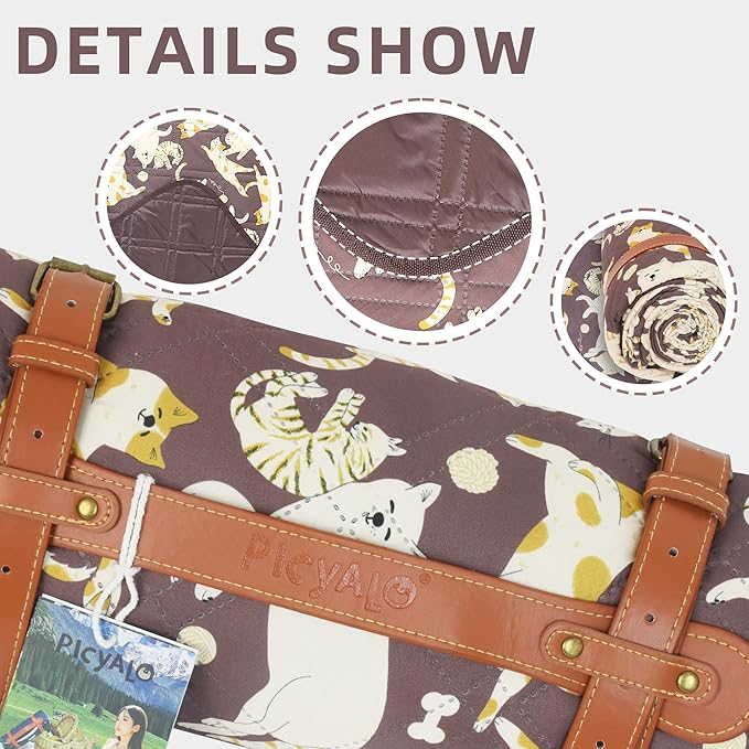 Double Thickened Picnic Blanket 80x80 Inches White Fish Pattern Cotton Filled Portable Foldable with Leather Carry Strap Beach and Camping