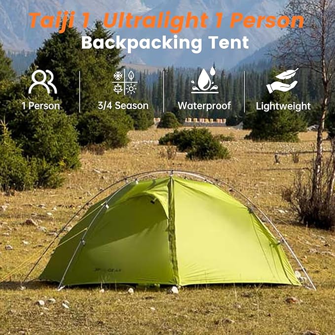 Taiji 1 Ultralight 3/4 Season Camping Tent 1 Person Backpacking Tent Easy Setup Instant 5000mm Waterproof Small Dome Tents for One Man Hiking Mountain