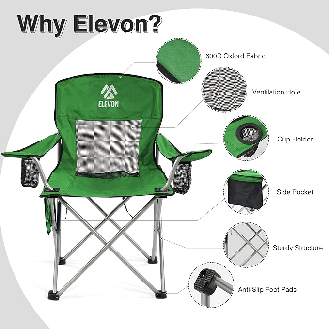 Elevon Camping Chair Portable Folding Outdoor Chair with Arms Cup Holder and Carry Bag