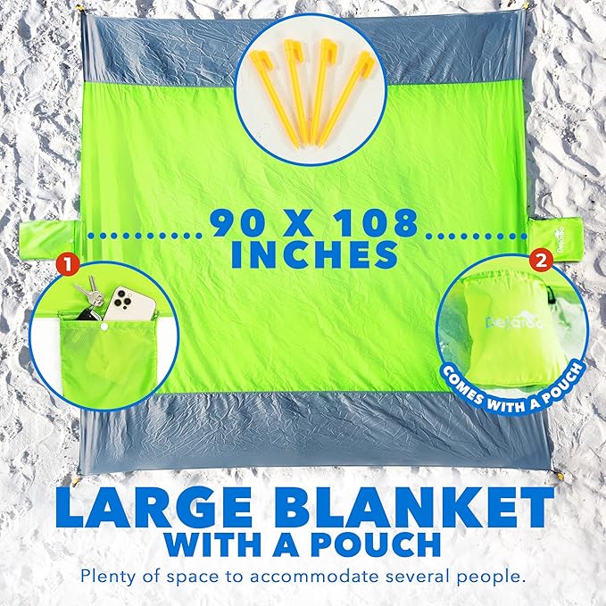 Dejaroo - Beach Blanket Nylon Sandproof Beach Mat Lightweight and Extra Large Picnic Blankets for The Beach Compact and Foldable Picnic Mat with Pouch and Pegs 90 x 108 Inches Green and Gray