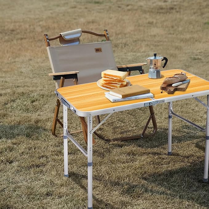 BIVVI 3FT Small Folding Camping Table Portable Lightweight Fold Up Utility Side Tables with Carrying Handle Outdoor Aluminum Fold in Half Dining Card Table for Picnic Party Events (Wood Grain Color)