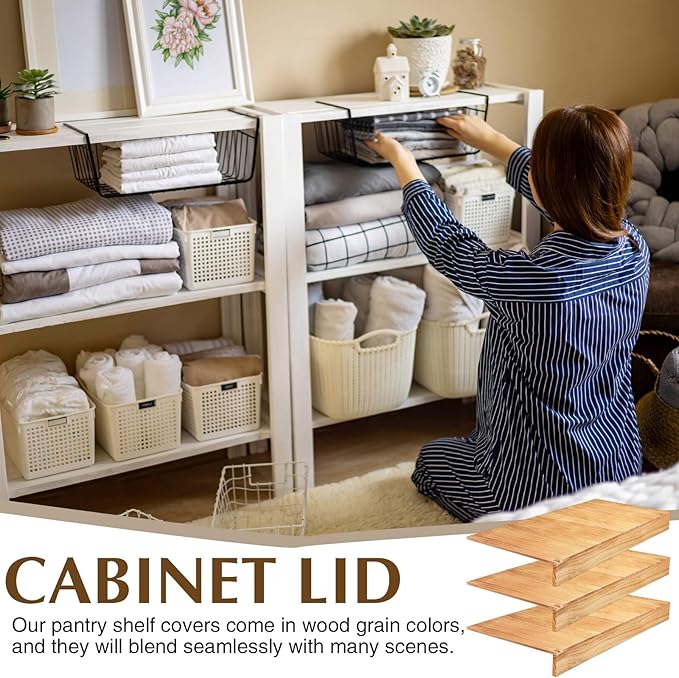 Hoolerry 3 Sets Wire Shelf Covers Wood Wire Rack Covers for Shelving Pantry Closet Removable Closet with 18 Grain Stickers for Pantry Home and Kitchen Organization (36 x 16 InchWood Color)
