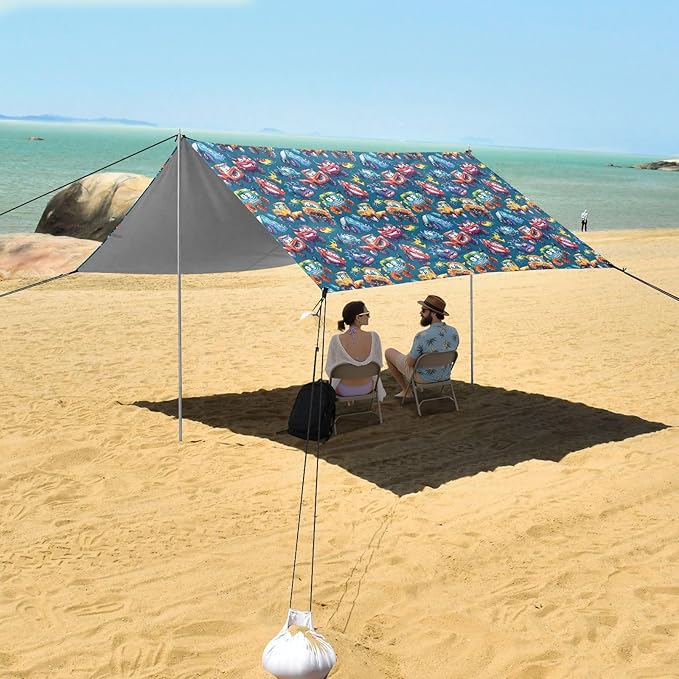ALAZA Angry Monster Truck Cartoon Beach Tent Sun Shelter UPF50+ Protection Beach Shade Canopy w/ 4 Sandbags for Outdoor Camping Fishing Backyard Fun Picnic 10x9 ft