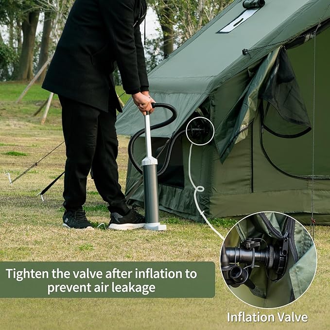 Inflatable Camping Tent with Hand Pump Waterproof Outdoor Blow up Tent Oxford 4 Season Air Tent Cabin House with Mesh Windows &amp Door 12sq/6sq Green