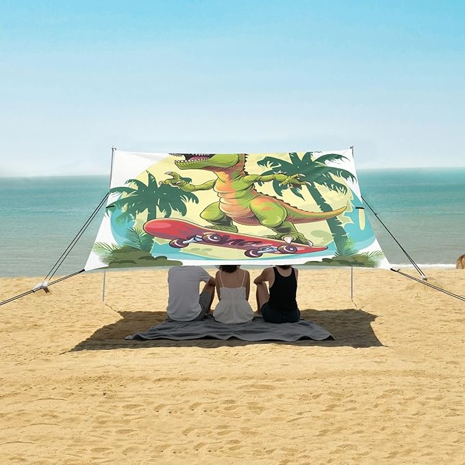 ALAZA Dinosaur Skateboard Funny Beach Tent Sun Shelter UPF50+ Protection Beach Shade Canopy w/ 4 Sandbags for Outdoor Camping Fishing Backyard Fun Picnic 10x9 ft