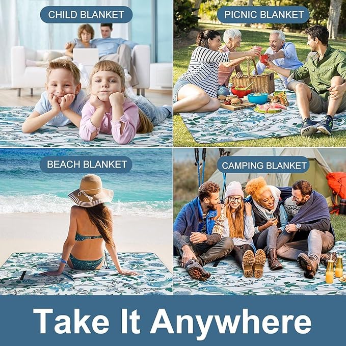 Blue and White Chinese Style Chinoiserie Folk Waterproof Outdoor Picnic Blanket Sandproof Beach Mat for Camping Hiking Grass Travelling