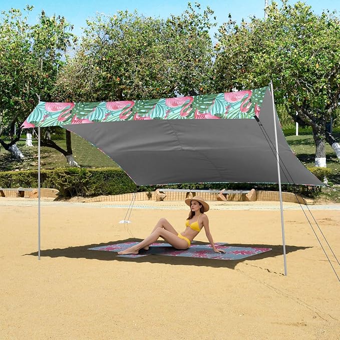 ALAZA Pink Flamingo Palm Leaves Beach Tent Sun Shelter UPF50+ Protection Beach Shade Canopy w/ 4 Sandbags for Outdoor Camping Fishing Backyard Fun Picnic 10x9 ft