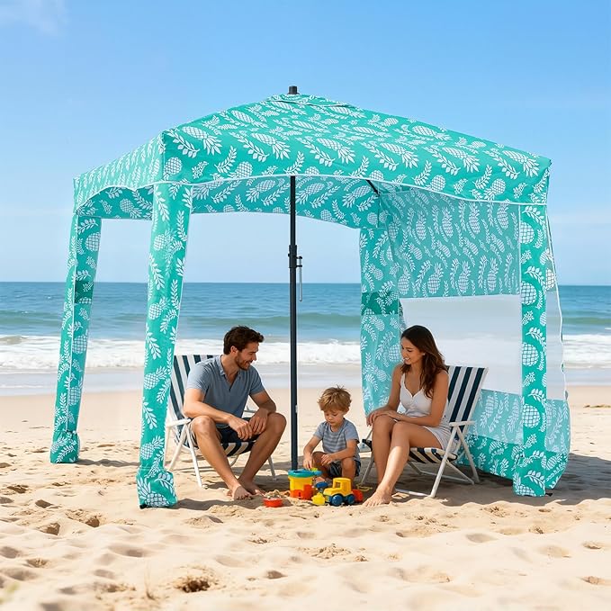 VEVOR Beach Cabana 6 x 6 ft Beach Canopy with Side Wall UPF 50+ Protection Easy Setup Cabana Tent with Sand Pockets Large Portable Shade Sun Shelter Outdoor Umbrella for Whole Family &amp Friends