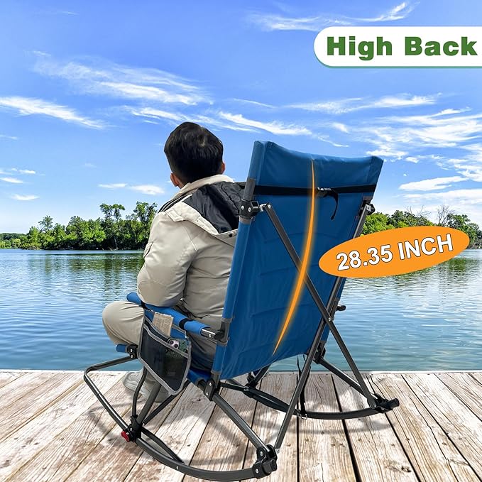 13.8 High Seat Rocking Camping Chair Outdoor with Foot Rest &amp Headrest Oversized Folding Rocker Chair with Carry Bag for Lawn Patio Supports 300 lbs