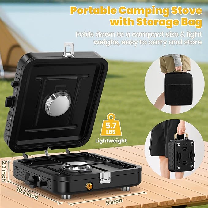 2 Burner Camping Propane Stove Portable Folding Propane Stove with Carrying Bag Adjustable High Heat Burners &amp Piezo Push-Button Instant Ignition Outdoor Tailgating Backyard BBQ Camping Essent