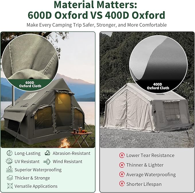NANJEEN® | Large Luxury Inflatable Camping TentWind &amp Rain Resistant12㎡ Interior2-10 Person Shelter8 Minutes Fast Setup with Hand PumpAll-Season ReadyDual DoorsMosquito-Proof Mesh Windows