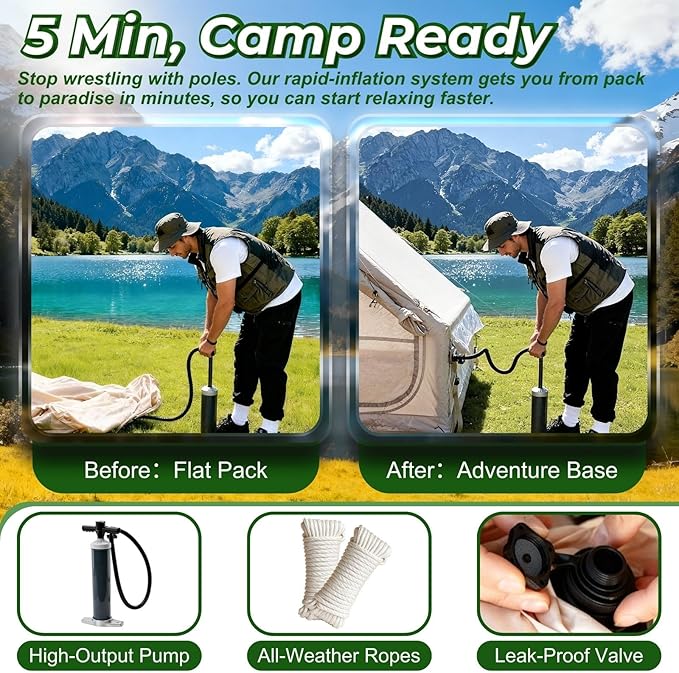 4-6 Person Inflatable Air Tent - 4 Season Family Camping Tent with 3000mm Waterproof &amp Quick Setup Under 5 Mins Includes Manual Pump Storage Bag &amp Stakes
