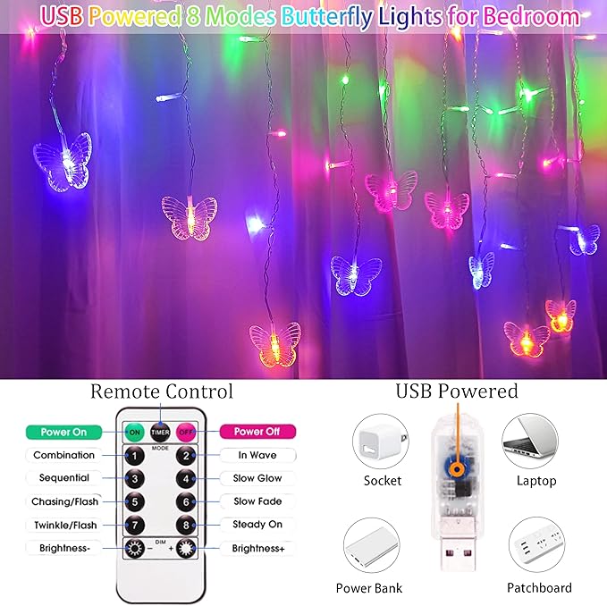 120 LED 20FT Butterfly Curtain Fairy Lights USB Pluged - 8 Modes Starry Twinkle Icicle String Lights with Remote Timer Waterproof for Kids Bedroom Christmas Wedding Party Dorm(Multicolor2)