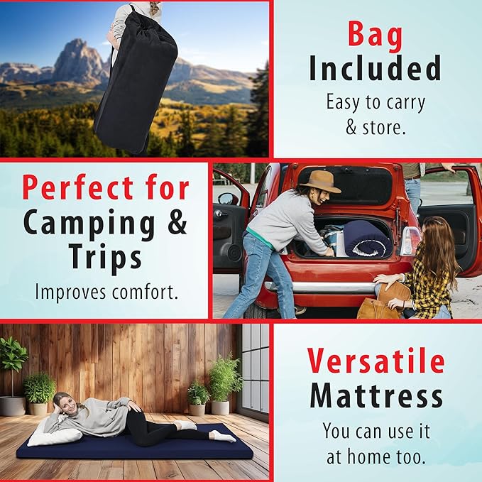 Memory Foam Roll-Up Camping Mattress with Water Resistant Zipper Cover Foldable and Portable for Camping RV Bunk Tent Guest Bed Outdoor and Dorm
