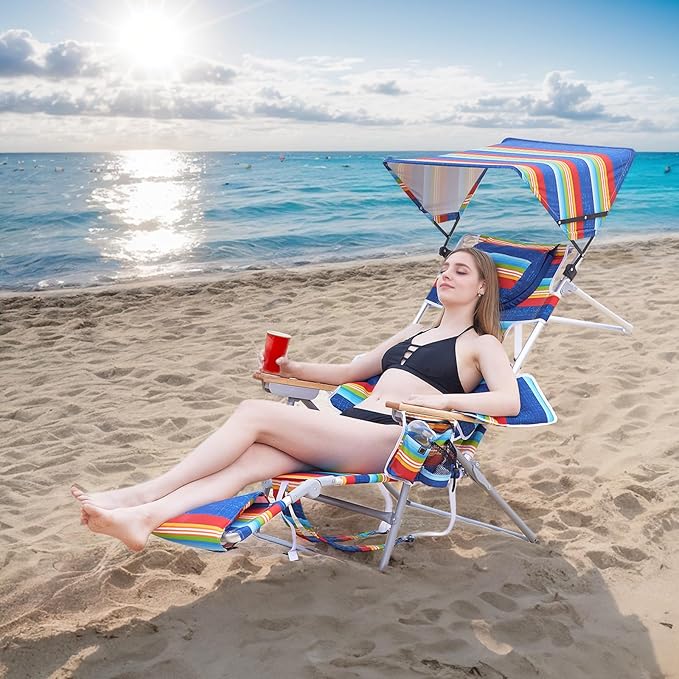 Oversized Heavy Duty Backpack Beach Chair with Sun Canopy Reclining Lounge Chair Tanning Chair with Face Hole 5-Position Foldable Camping Chair for Outdoor Sunbathing Beach Patio Pool (Multi Color)