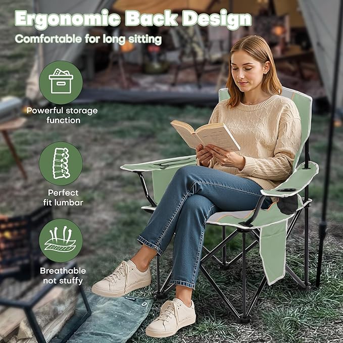 XMT Premium Padded Folding Chair Extra Wide &amp Heavy Duty 450lbs Capacity Portable Camping Chair with Insulated Cooler Cup Holder &amp Storage Compact Foldable for Outdoor Beach Picnics