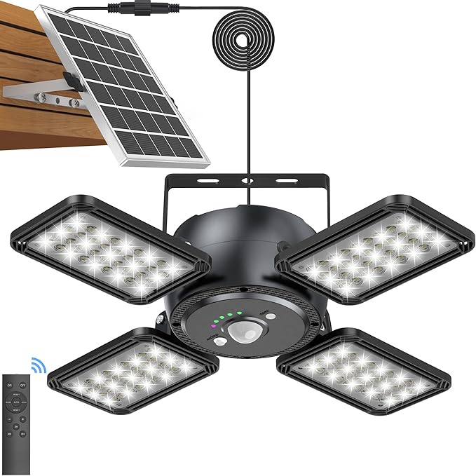 Solar Pendant Light Outdoor Indoor Solar Powered Motion Sensor Shed Light144LED 1200LM Daytime Work with 5 Lighting Modes Remote Control 4 Heads IP65 Waterproof for Garage Gazebo Barn