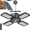 Solar Pendant Light Outdoor Indoor Solar Powered Motion Sensor Shed Light144LED 1200LM Daytime Work with 5 Lighting Modes Remote Control 4 Heads IP65 Waterproof for Garage Gazebo Barn