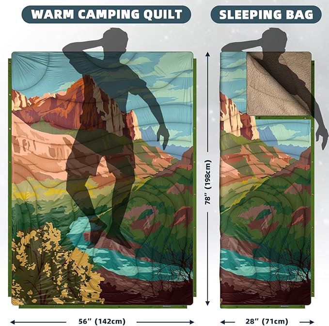 Outdoor Camping Blanket with Sherpa Lining Extra Warm Thick Camp Blankets and Puffy Ultralight Soft Poncho DWR Camping Quilt for Cold Weather Adventure Sleeping Backpacking 78x 56