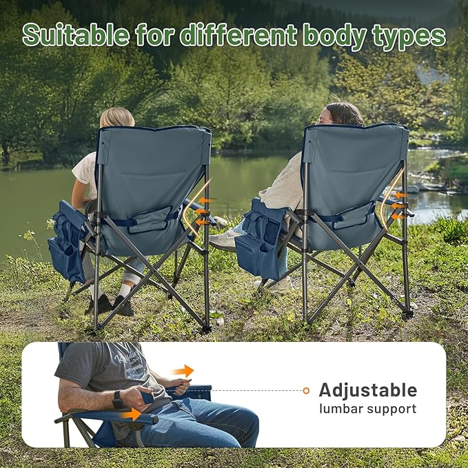 TIMBER RIDGE Oversized Folding Camping Chair with Lumbar Support Adjustable High Back Heavy Duty for Adults Support up to 500lbs with Cup Holder Cooler Bag Side Pocket Blue 2 Pack