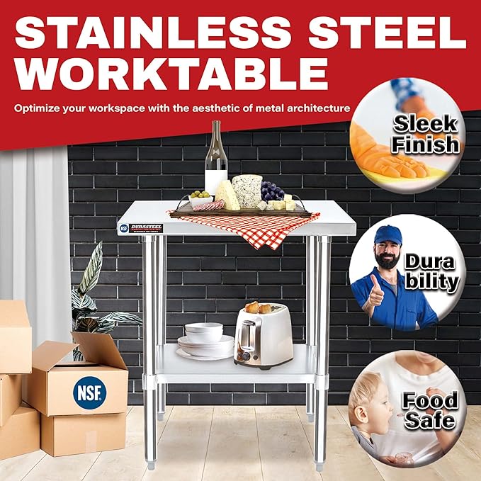DuraSteel 30x24 Small Stainless Kitchen Island - NSF Outdoor Grill Work Station with Under Shelf - Metal Microwave Stand - For Laundry Room Kitchen Garage Restaurant