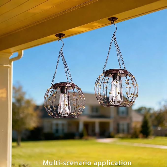 Hanging Solar Lanterns Solar Lights Outdoor Waterpoof Solar Chandelier with Warm White Led Bulb Beaded Copper Wire Ball Shade Patio Garden Decor Lights for Tree Yard Pathway Wall Eave Pergola-2Pack