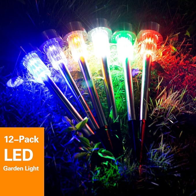 Solar Lights Outdoor - Garden Landscape Pathway Lights for Lawn Patio - Stainless Steel 12 Pack (6 Colors)