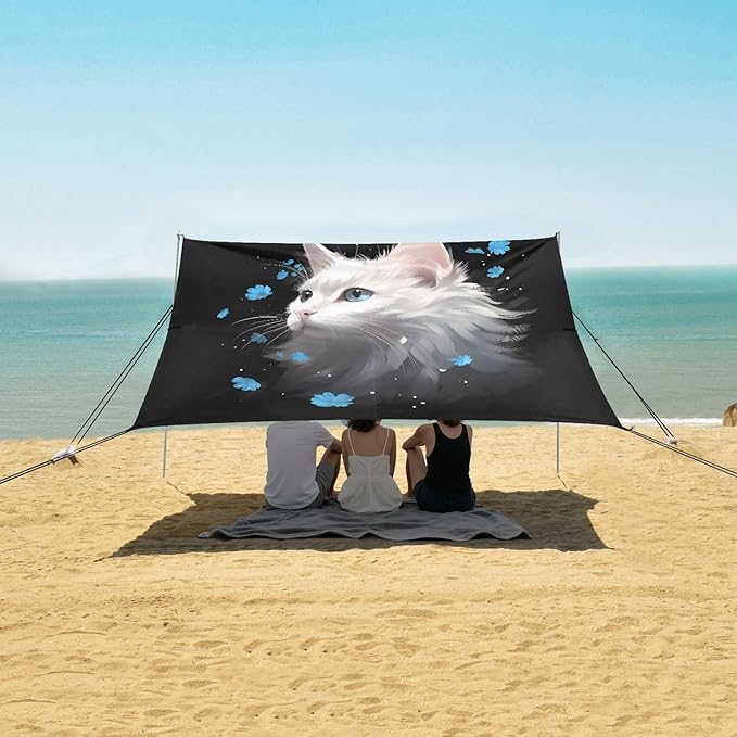 Camping Sun Shelters White Cat with Little Blue Flowers Beach Canopy 126 * 110.2in