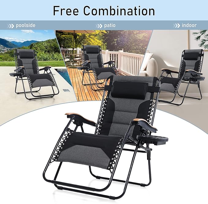 PHI VILLA XXL Oversized Padded Zero Gravity Chair Set of 2 Foldable Patio Recliner 30 Wide Seat Anti Gravity Lounger with Armrest and Cup Holder Support 400 LBS (Black)