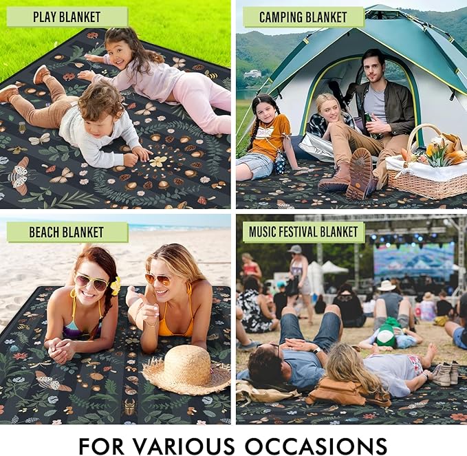 Mushroom Picnic Blankets Waterproof Foldable 80″X80″ Extra Large Picnic Mat Insect Outdoor Blanket for Grass Packable Beach Blanket Sandproof Picnic Accessories for Camping Music Festival Park Lawn
