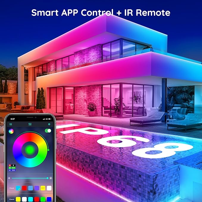 FBZ 100Ft Outdoor Waterproof LED Strip LightsMusic Sync RGB IP65 Led Lights with App Control and RemoteColor Changing Waterproof Led Rope Lights for OutdoorBalconyRoofGardenStairs Party