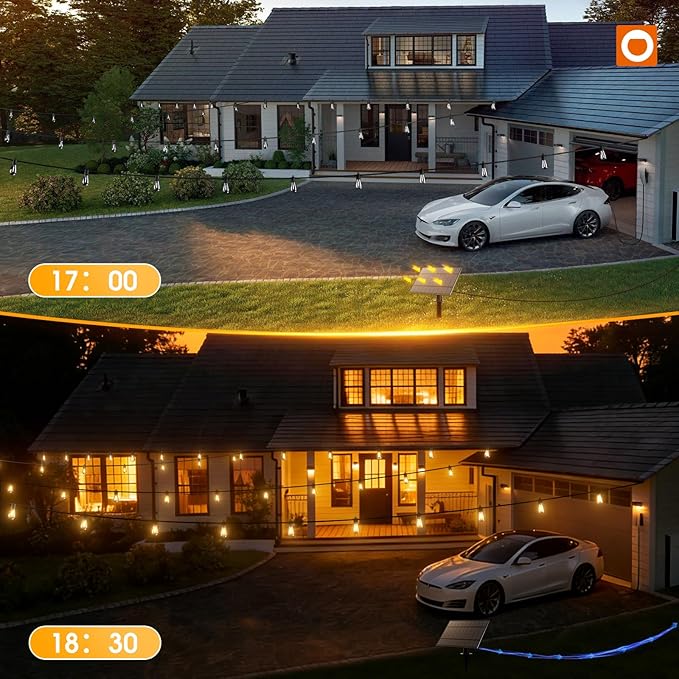 addlon 54FT(48+6) Solar String Lights Outdoor Waterproof with USB Charging &amp Remote Control - Dimmable Solar Power Patio Lights with LED Bulbs for Porch Garden Yard Market Bistro - Last for 20