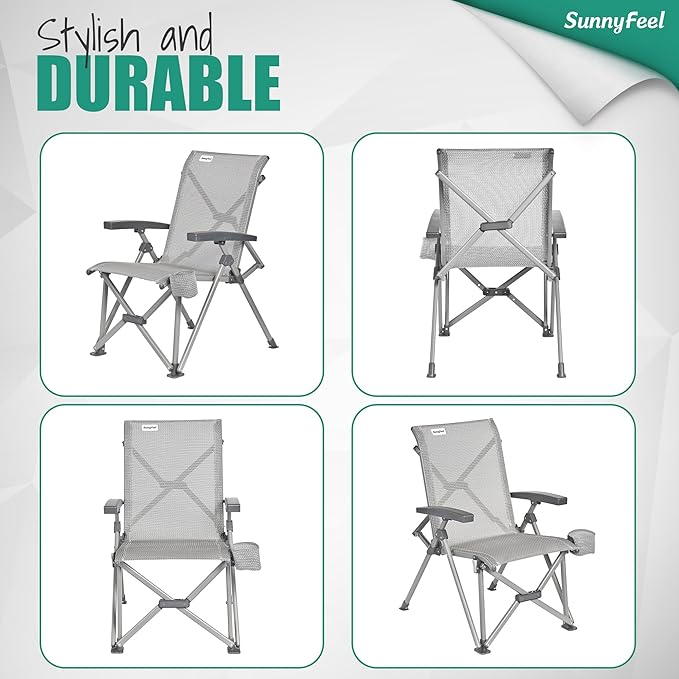 SUNNYFEEL Folding Camping Chair Heavy Duty Ergonomic Chairs Support 500lbs with Adjustable Breathable High Back Support and Cup Holder Aluminum Frame for Fishing Camp Beach Lawn RV Patio