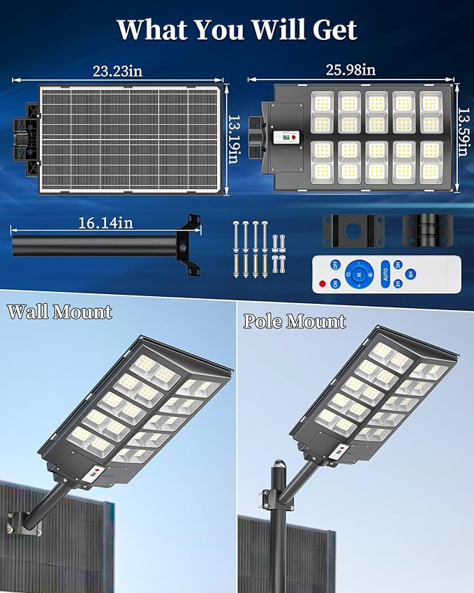 Gefolly SL-6200W Solar Street Light Outdoor Wide Angle Commercial Parking Lot Lights Dusk to Dawn 6500K Flood Security Light IP67 Lamp for Basketball Court Yard