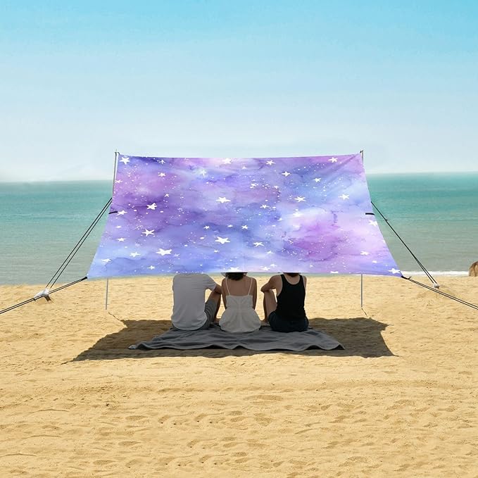 Bolaz Beach Canopy Tent Sun Shade9'×10.5' Large Family Beach Shade UPF50+- Outdoor Shade for Camping Trips FishingBlue Purple Watercolor Stars Pattern