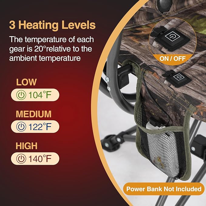REDCAMP 360° Swivel Heated Hunting Chairs for Ground Blinds Portable Folding Camo Camping Chairs for Adults Hunting Seats with Hard Arms for Fishing Camping(No Power Bank)