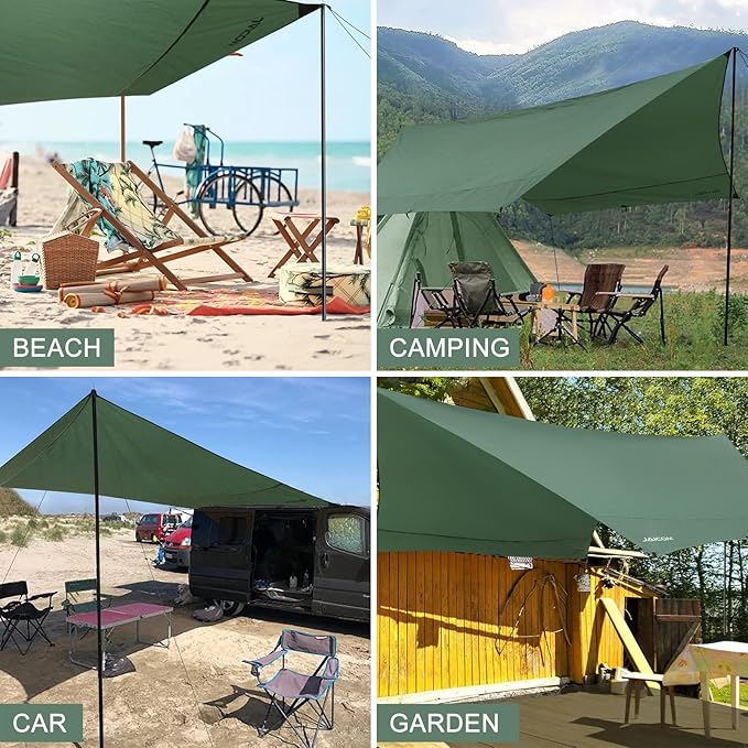 Camping Tarp 14 X 12FT Tarp with 2 Poles Waterproof &amp Lightweight Tent Tarp Car Awning UV UPF50+ Rain Fly Sun Shelter Can Used with Hammock in Outdoor Garden and Backpacking