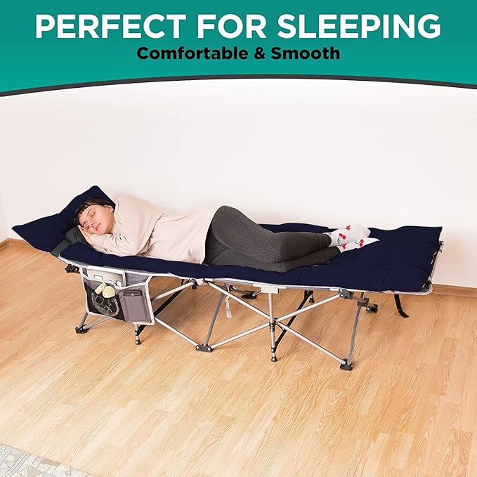 ZONETECH Folding Outdoor Camping Travel Cot and Pad - Premium Quality Lightweight Portable Heavy Duty Adult &amp Kids w/Large Pocket and Cushion (Gray &amp Blue 1-Pack)