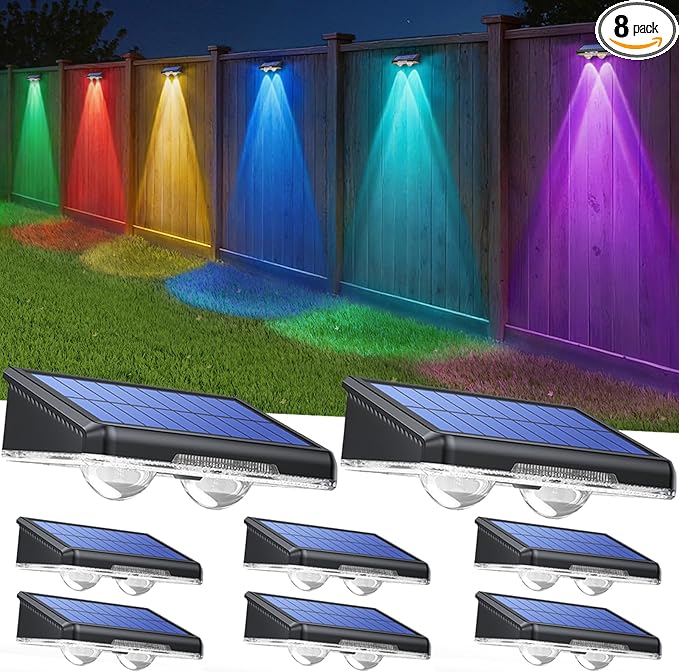 TECKNET Solar Fence Lights Outdoor 8 Pack Warm White &amp 6 Colors &amp RGB IP66 Waterproof LED Deck Light Dusk to Dawn Fence Lights Solar for Wall Railing Step Patio Pool Backyard Outside