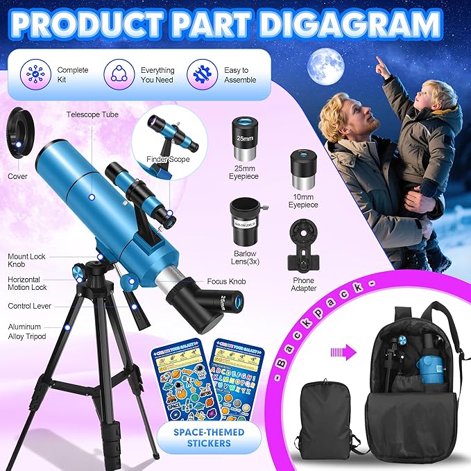 Telescope for Adults &amp Kids 80mm Aperture 500mm (20X-150X) Professional Refractor Telescope for Astronomy Beginners Portable Travel Telescopes with Tripod Phone Adapter Stickers Backpack