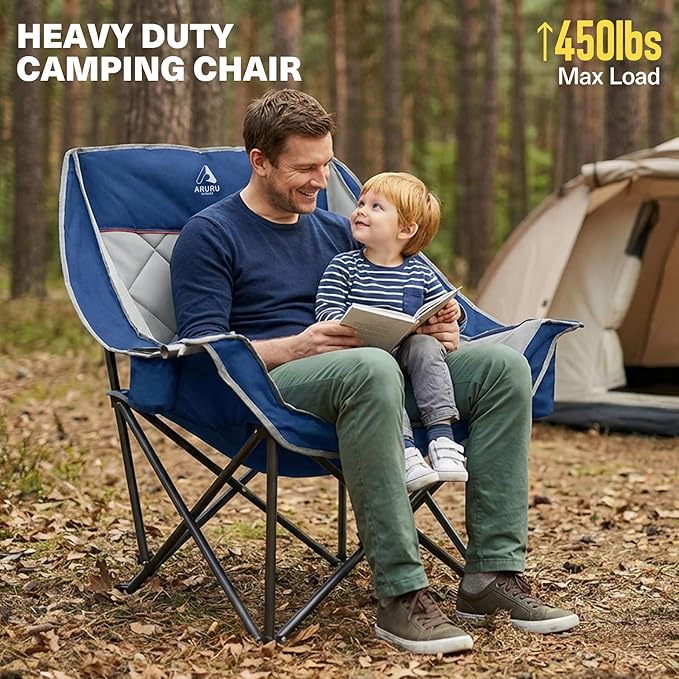Oversized XL Camping Chair for Adults Heavy Duty | 450LBS Support Padded Folding Lawn Chairs with Side Pocket Cup Holder Cooling Bag for Outdoor Sports Garden Beach Fishing