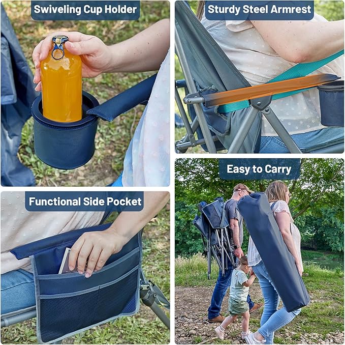 TIMBER RIDGE Oversized Camping Chair with Lumbar Support Portable Folding Chair Heavy Duty for Adults Supports 450 LBS for Outdoor Camping Lawn with High Back Cup Holder Side Pocket Blue