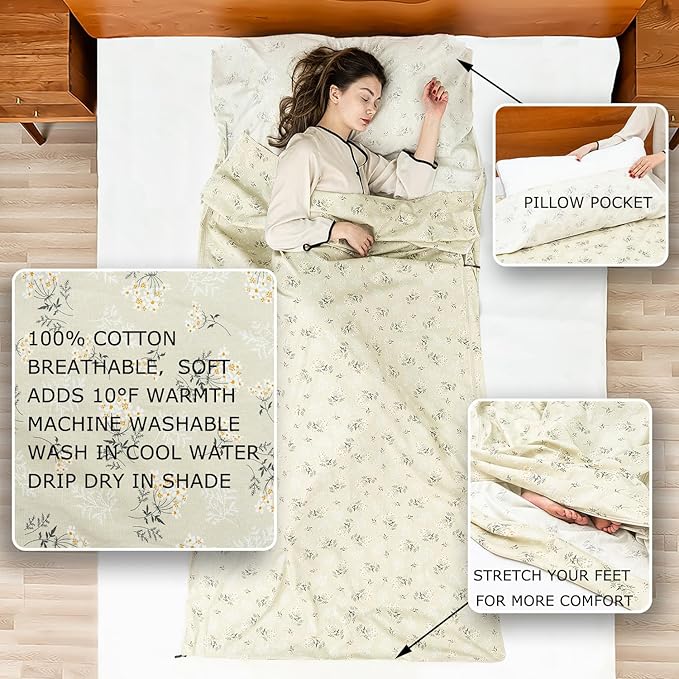 100% Cotton Sleeping Bag Liner with Full Length Zipper on 3 Sides Single/Double Adult Sleep Sack for Travel &amp Camping Multifunctional Travel Sheets (Unzipped 87”x87”) for Hotel Lightweight