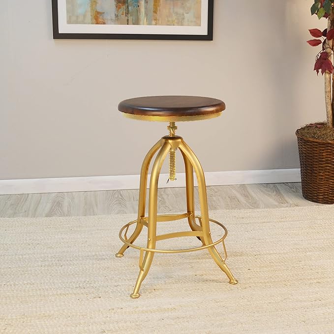 Carolina Chair &amp Table Ryder Adjustable Round Bar Stool - Powder Coated Finish Metal Frame Solid Wooden Seat Swivel Stool - Rustic Style Furniture for Counter Dining Room Kitchen (Elm/Gold)