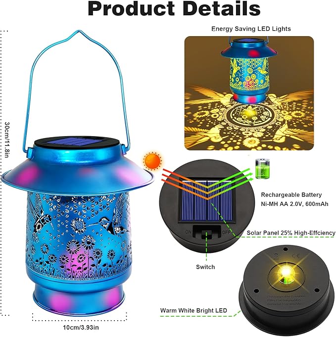 Hummingbird Solar Lanterns Outdoor Waterproof Brim Garden Decor Birthday Gifts for Women Mom GrandmaBlue Spray Paint Metal Hanging Solar Lights Outside Decorative for Yard Patio Backyard