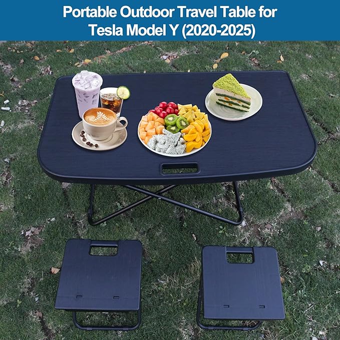 Tesla Model Y Dedicated Camping Table Set with 2 Collapsible Stools Premium Outdoor Folding Table for Outdoor Adventures Beach BBQ Picnics and Road Trips Compatible with Model Y Only Fits the 5 Seater