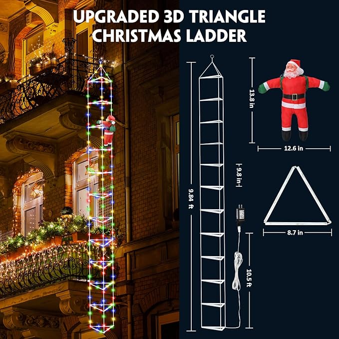 Christmas Decorations Lights Outdoor 9.8ft 3D Christmas Triangle Ladder Lights with Santa Claus Waterproof LED Christmas Lights with 8 Modes for Wall Home Garden Xmas Party Indoor Outdoor Decor
