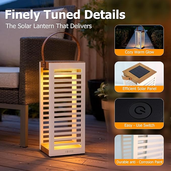 Solar Lantern with Handle - Outdoor Metal Solar Light (7.87×19.69) Waterproof &amp Rustproof 8H Auto-On Warm White Light Portable for Patio Porch Balcony &amp Garden Decor (White - 1 Pack)