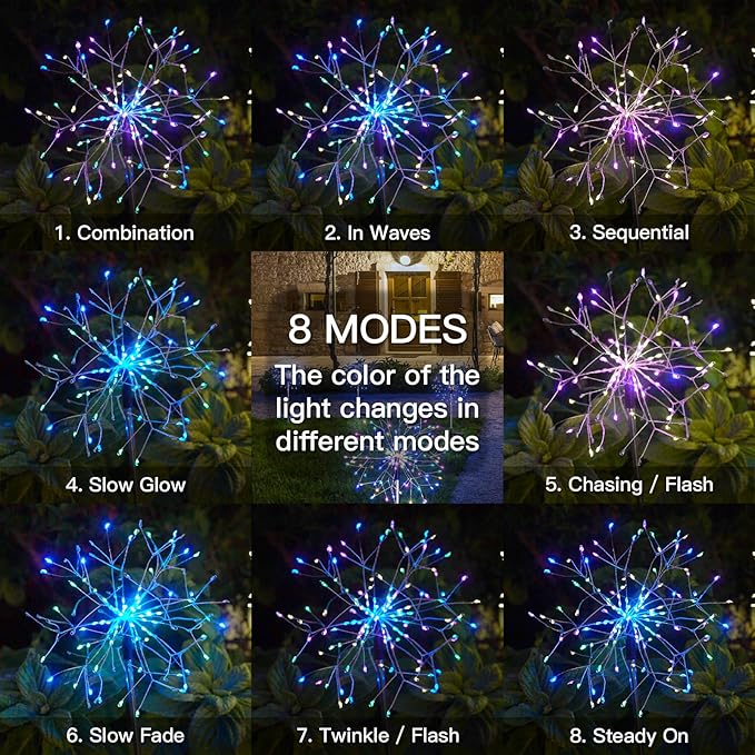 suddus Solar Garden Lights Outdoor Waterproof Decorative 2Pack 150LED Firework Lights 8 Modes Multicolor Solar Fairy Light for Yard Patio Pathway Flowerbed Party Wedding Decor