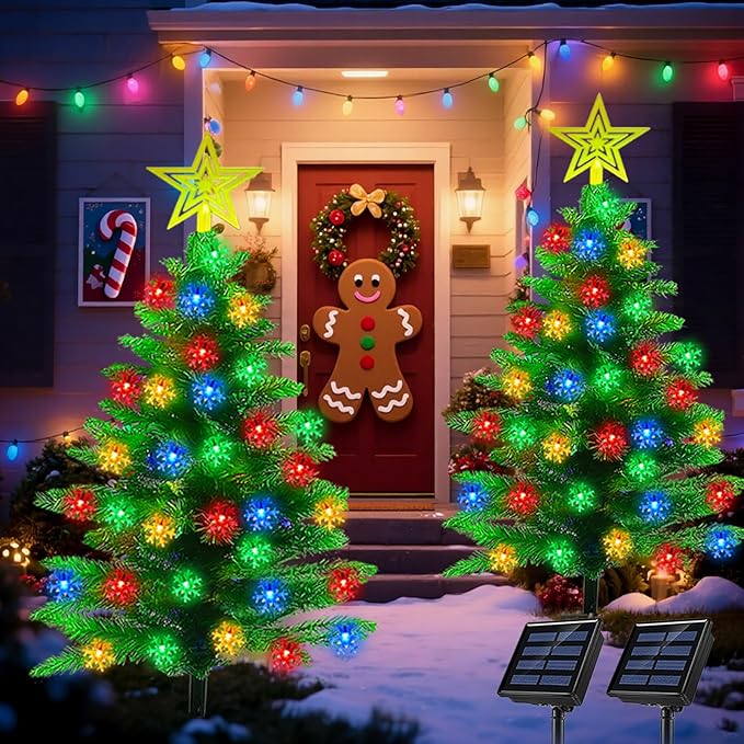 2 Pack 3.6Ft Solar Christmas Tree with 100 Snowflake Lights Waterproof Christmas Decorations Outdoor Solar Christmas Lights Outdoor Xmas Tree for Yard Pathway Porch Cemetery Holiday Decor